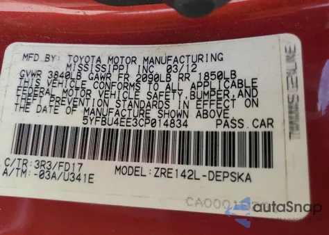 2012 Toyota Corolla Base z USA, uszkodzony, nr VIN 5YFBU4EE3CP014834